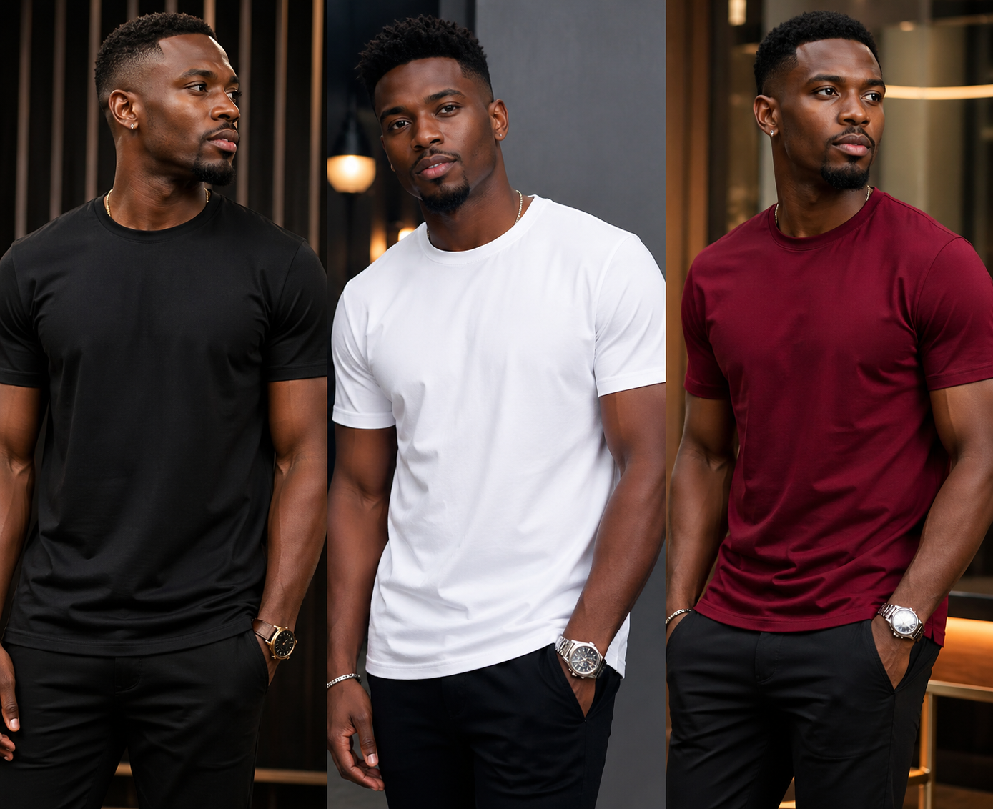 "Trois hommes portant des t-shirts noir blanc bordeaux style moderne"
"Collection t-hirts homme noir blanc bordeaux style moderne"
"Hommes en t-shirts minimalistes noir blanc rouge-bordeaux look élégant"